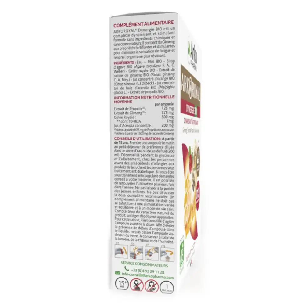 Arkoroyal Dynergie kompleks z matičnim mlečkom Arkopharma, acerolo in propolisom, ampule (20 x 10 ml)